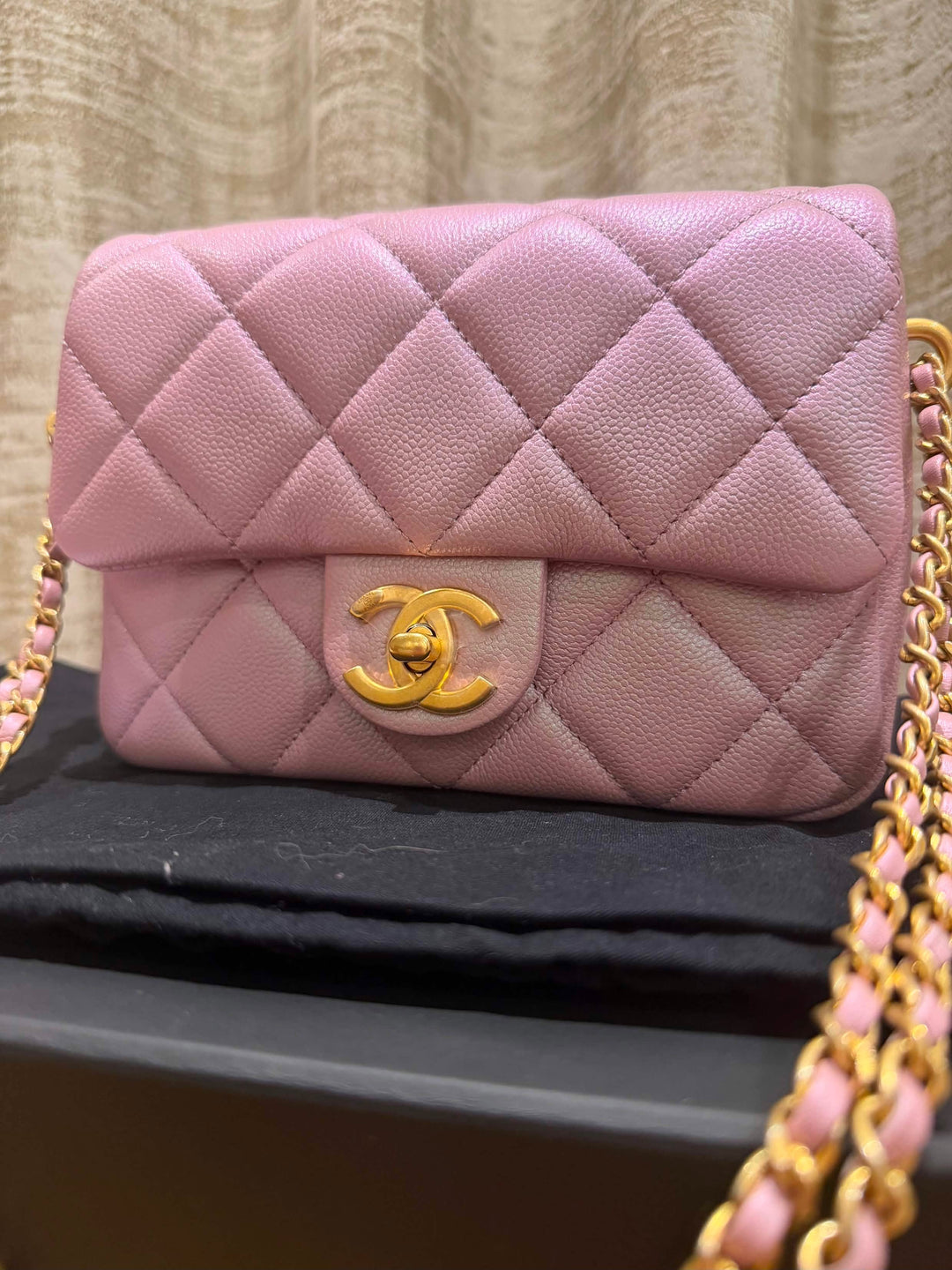 CHANEL 21K iridescent pink caviar aged GHW Adjustable chain My Perfect Mini Flap Bag 2021