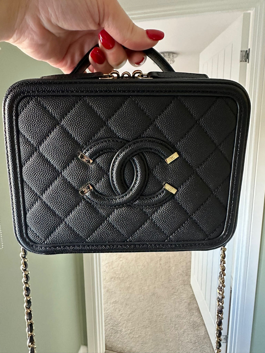 CHANEL Series 29 2019 Black Caviar GHW Small Filigree Vanity Bag with chain
