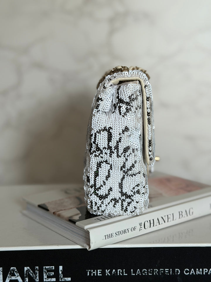 CHANEL 22C White and Black Sequin SMALL Flap Bag LGHW 2022