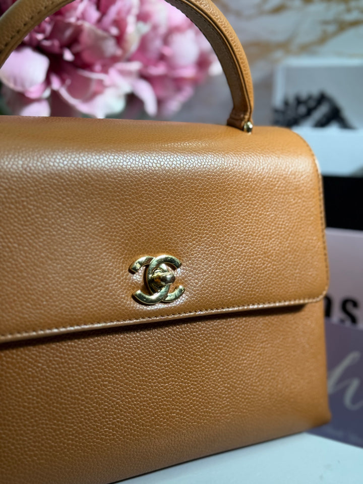 Chanel series 5 circa 1999 Kelly Top Handle Flap 24K GHW in Orange Caviar A12391