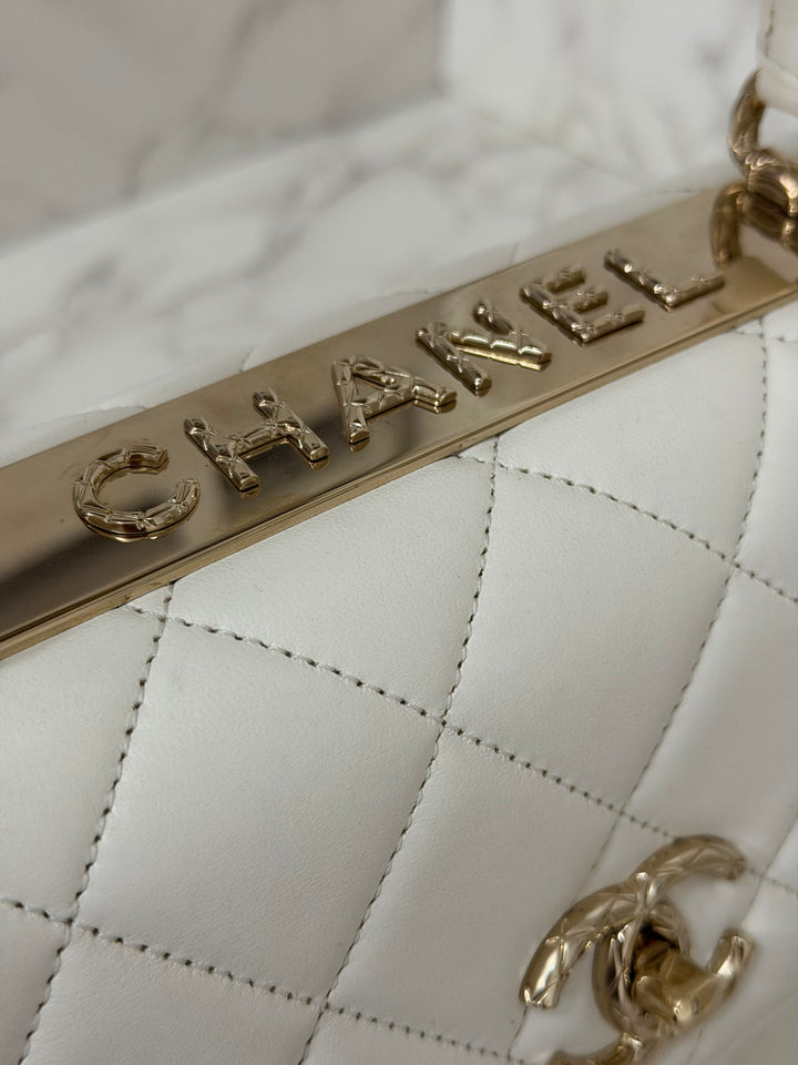 CHANEL 23S collection 2023 White Lambskin LGHW Trendy CC Flap Bag size Small with raised CHANEL Engraved Plate Top Handle