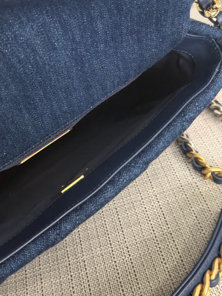 CHANEL 19 size Small Dark Denim SHW Flap Bag with Top Handle