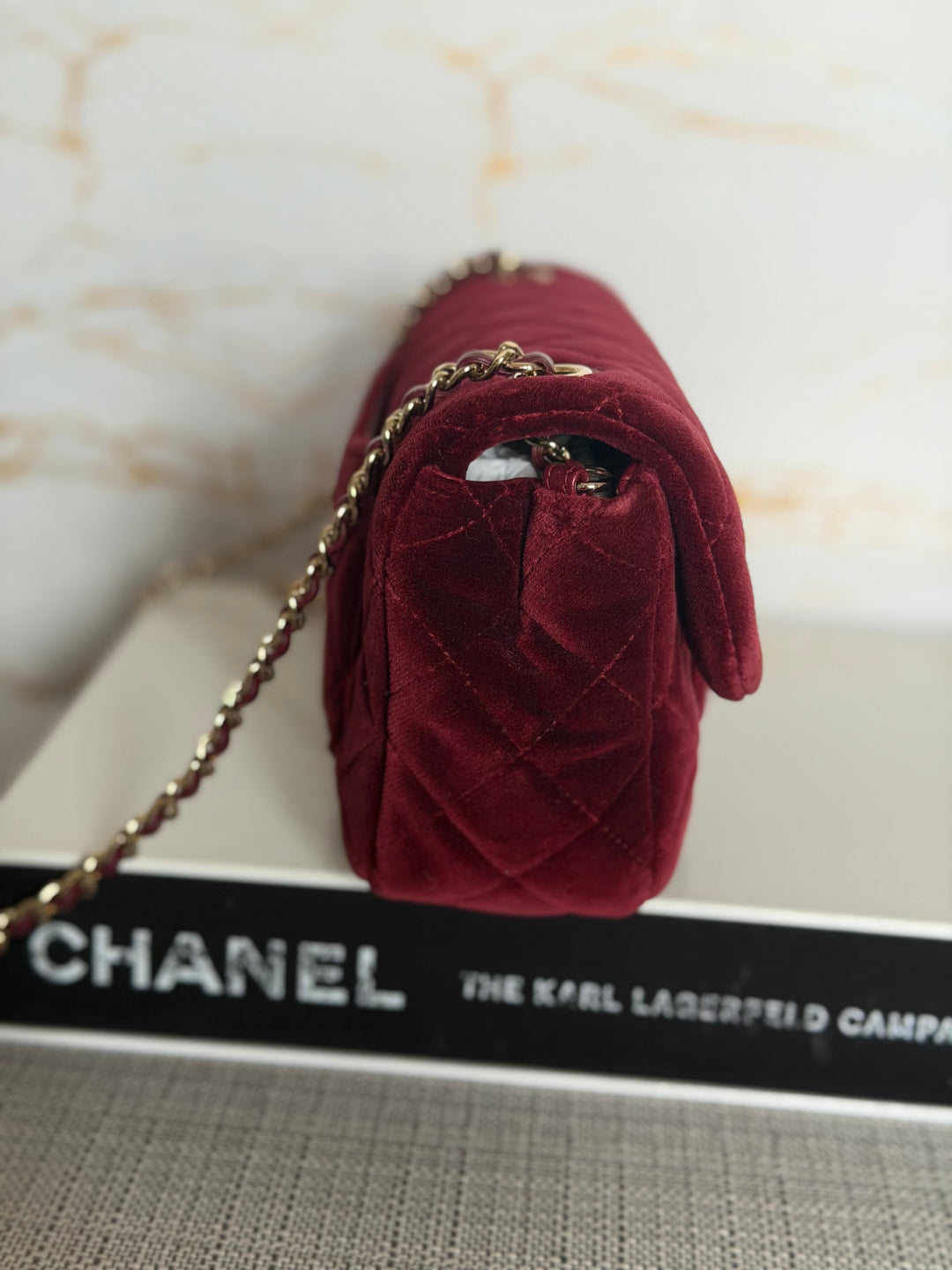CHANEL series 31 Burgundy Dark Red Velvet Crystal Pearl Crush Adjustable Strap Mini Rectangular Flap Bag 2020/2021