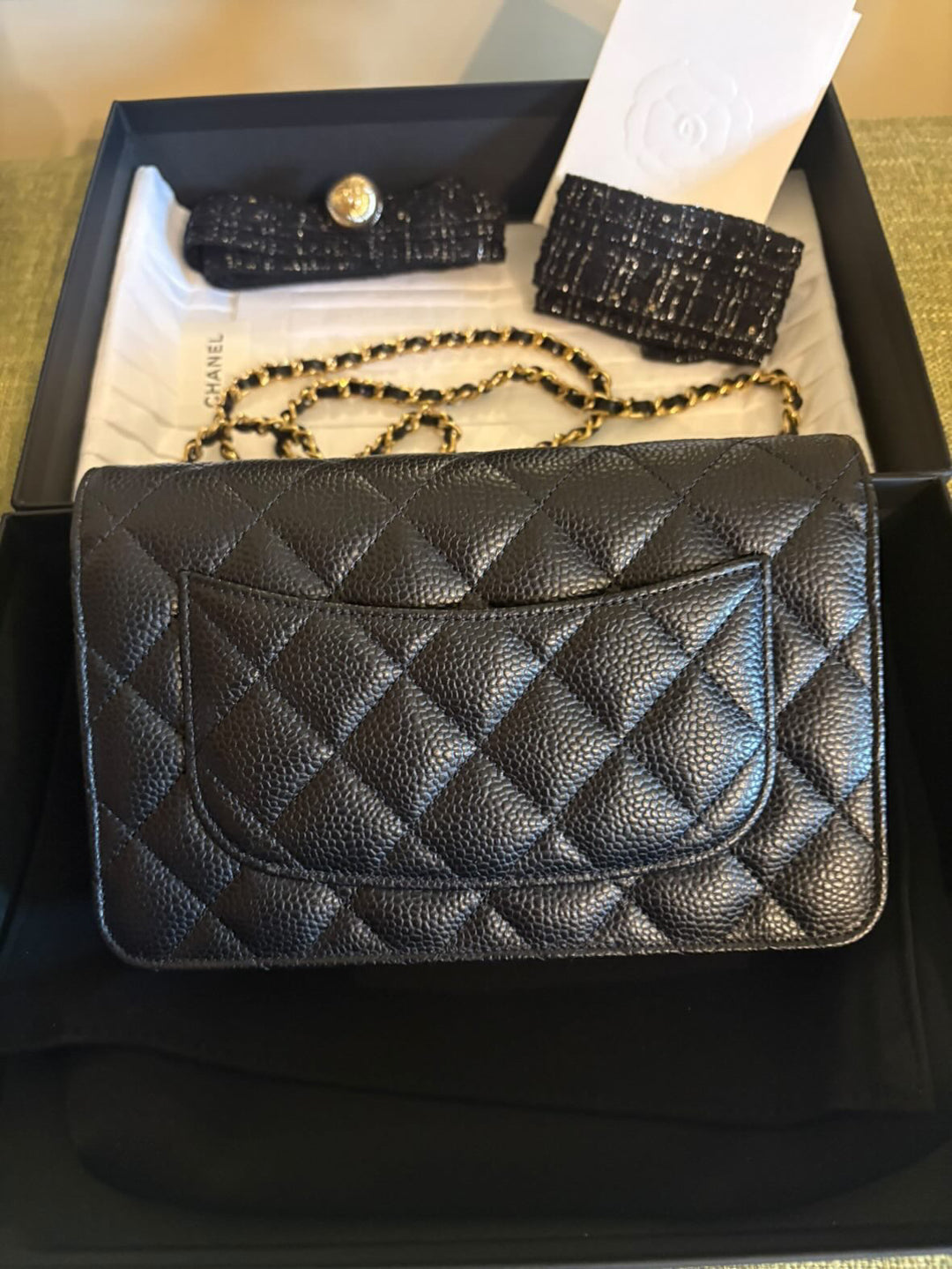 CHANEL Black Caviar GHW Turnlock New Style Classic Wallet on Chain (WOC)