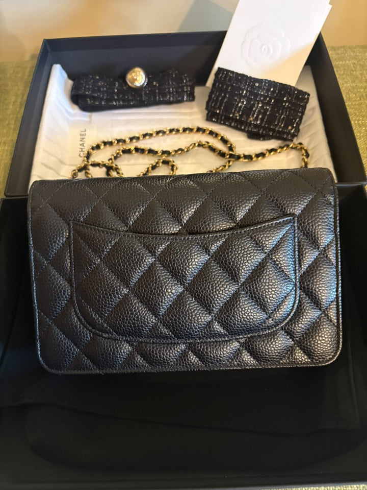 CHANEL Black Caviar GHW Turnlock New Style Classic Wallet on Chain (WOC)