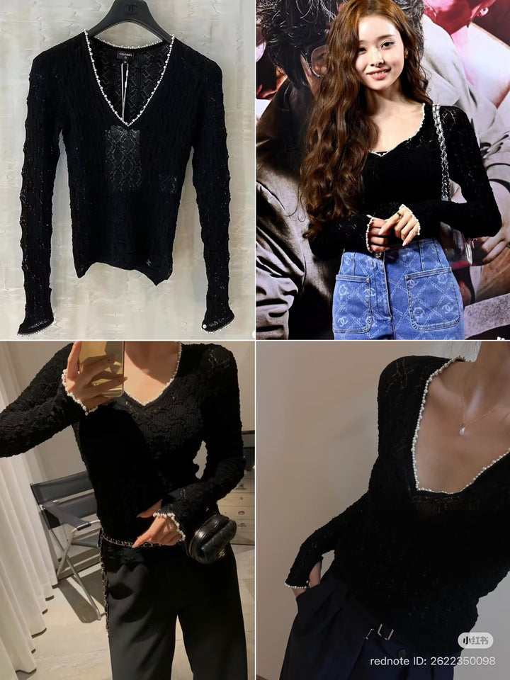 CHANEL 22B Pearl Round the Neck Black Lace Top 2022 size EU 34