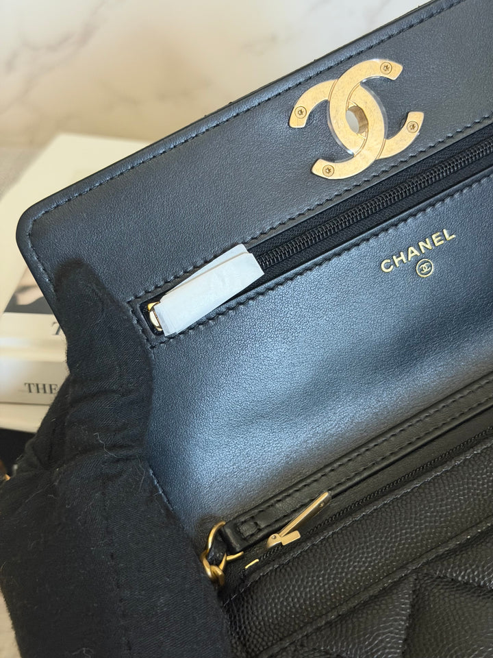 CHANEL Camellia Turnlock Black Lambskin Brushed GHW Classic Wallet on Chain (WOC) microchip 2023