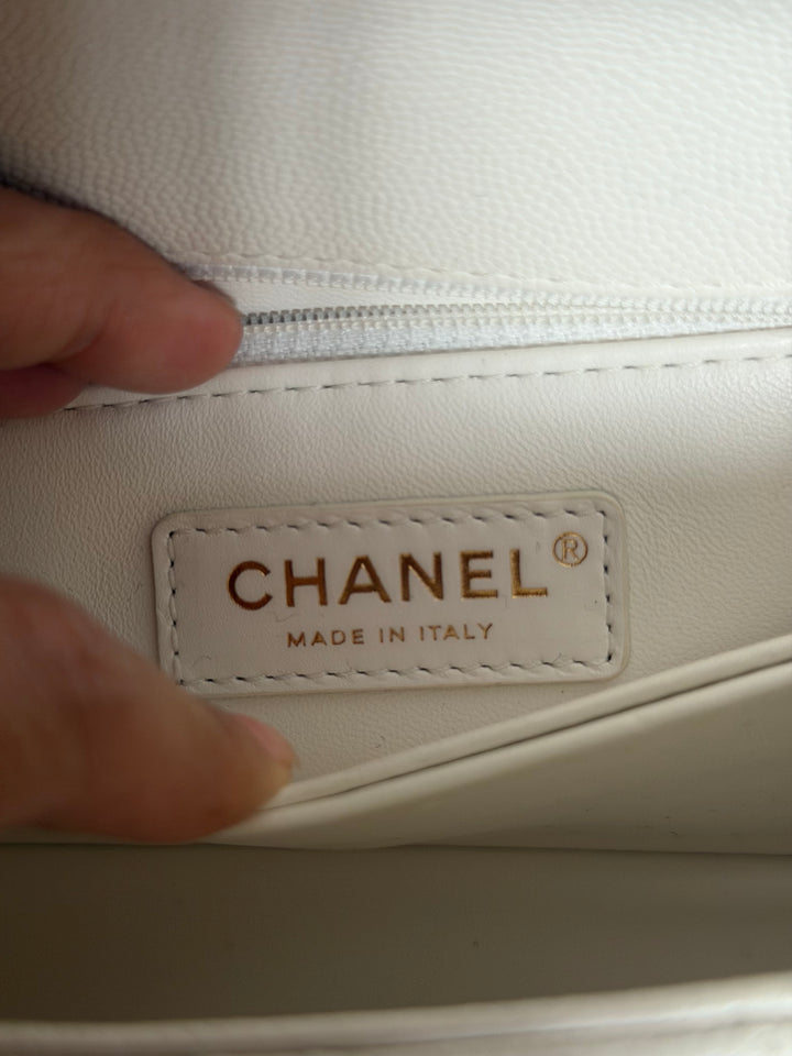 CHANEL White Caviar LGHW Coco Handle Flap Bag Size SMALL with detachable Strap Microchipped