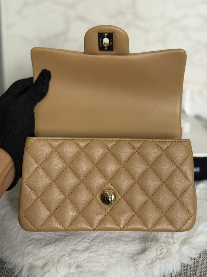 CHANEL Dark Beige Lambskin LGHW Mini Rectangular Flap Bag with Top Handle 2023