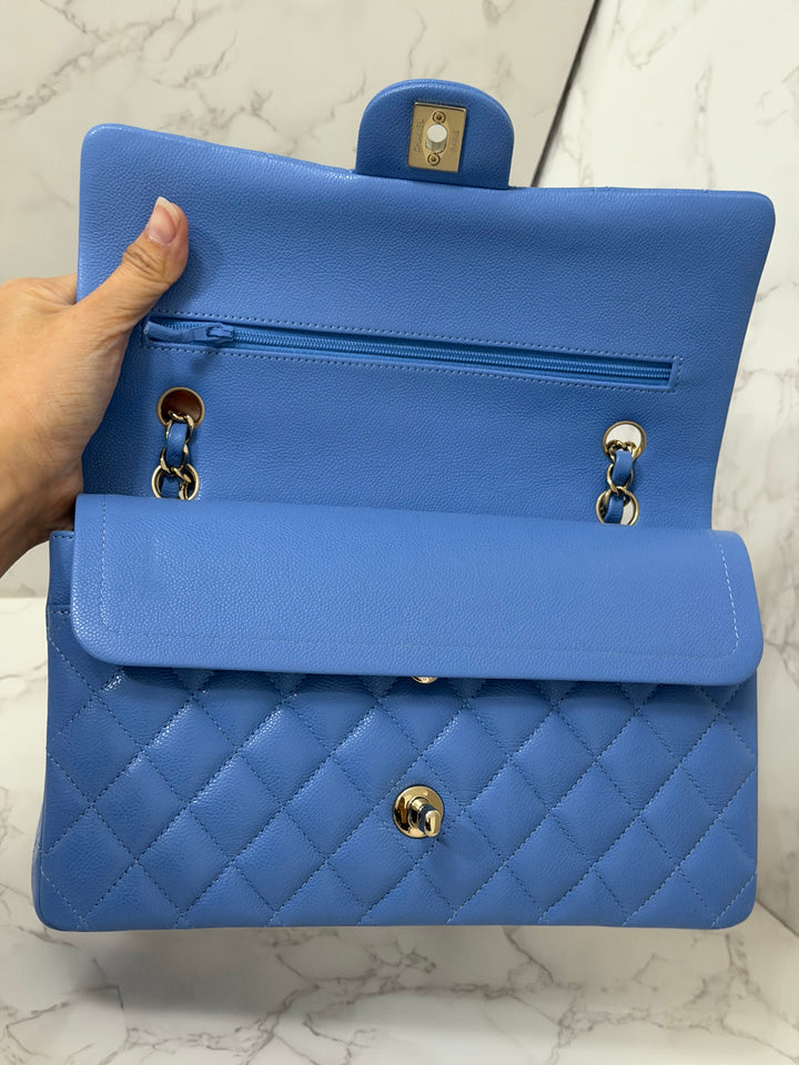 CHANEL 25C 2025 Periwinkle Blue Caviar LGHW Medium ML Timeless Classic Double Flap Bag