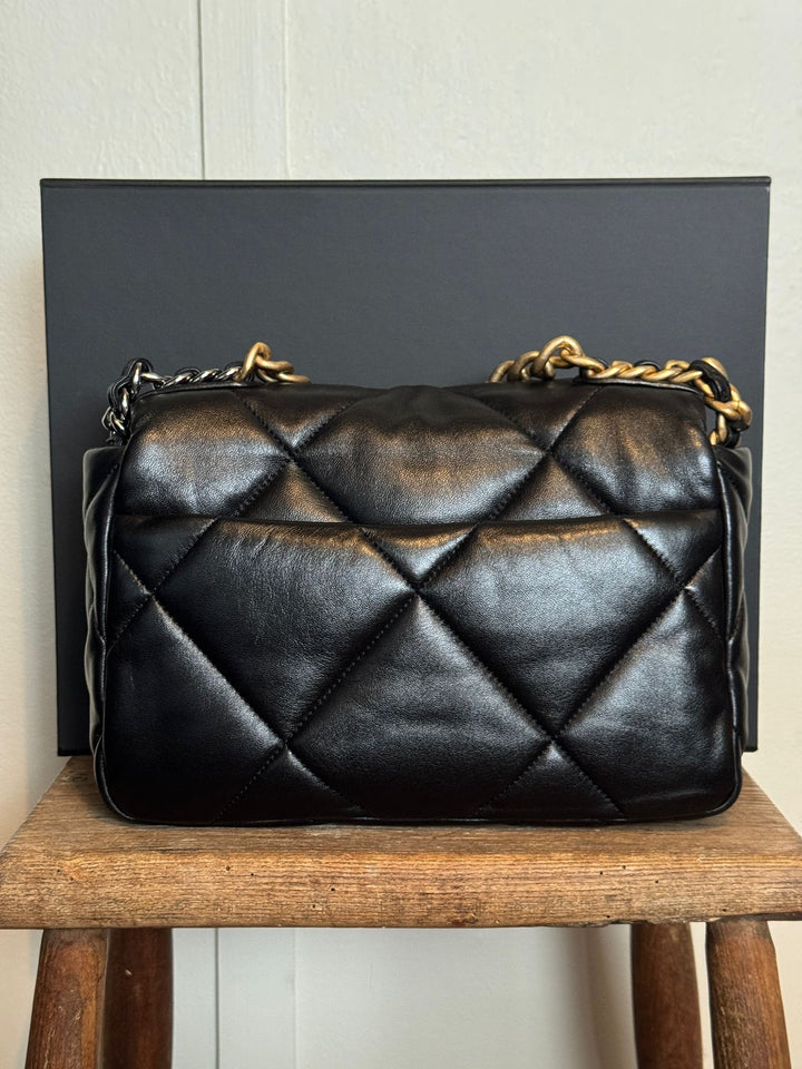 CHANEL 19 size Small Black Lambskin Mixed hardware Flap Bag with Top handle