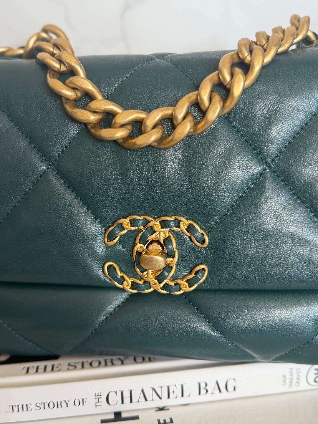 CHANEL 19 size SMALL in 20B Teal Dark Green Goat skin mixed hardware 2020