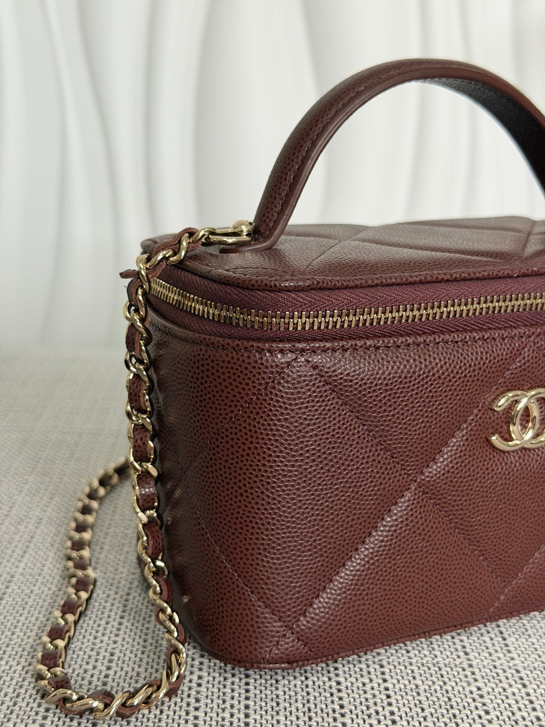 CHANEL 25K 2025 collection Brown Caviar LGHW Leather Top Handle Small Vanity with Chain