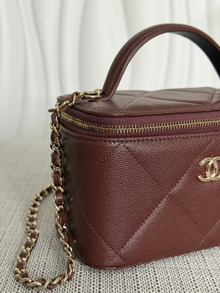 CHANEL 25K 2025 collection Brown Caviar LGHW Leather Top Handle Small Vanity with Chain