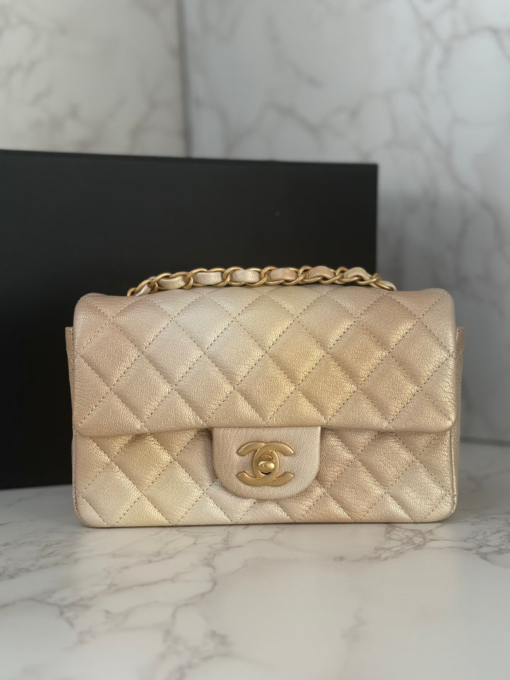 CHANEL 22P Gold Silver Ombré Goat skin Mini Rectangular Flap Bag with Aged GHW 2022
