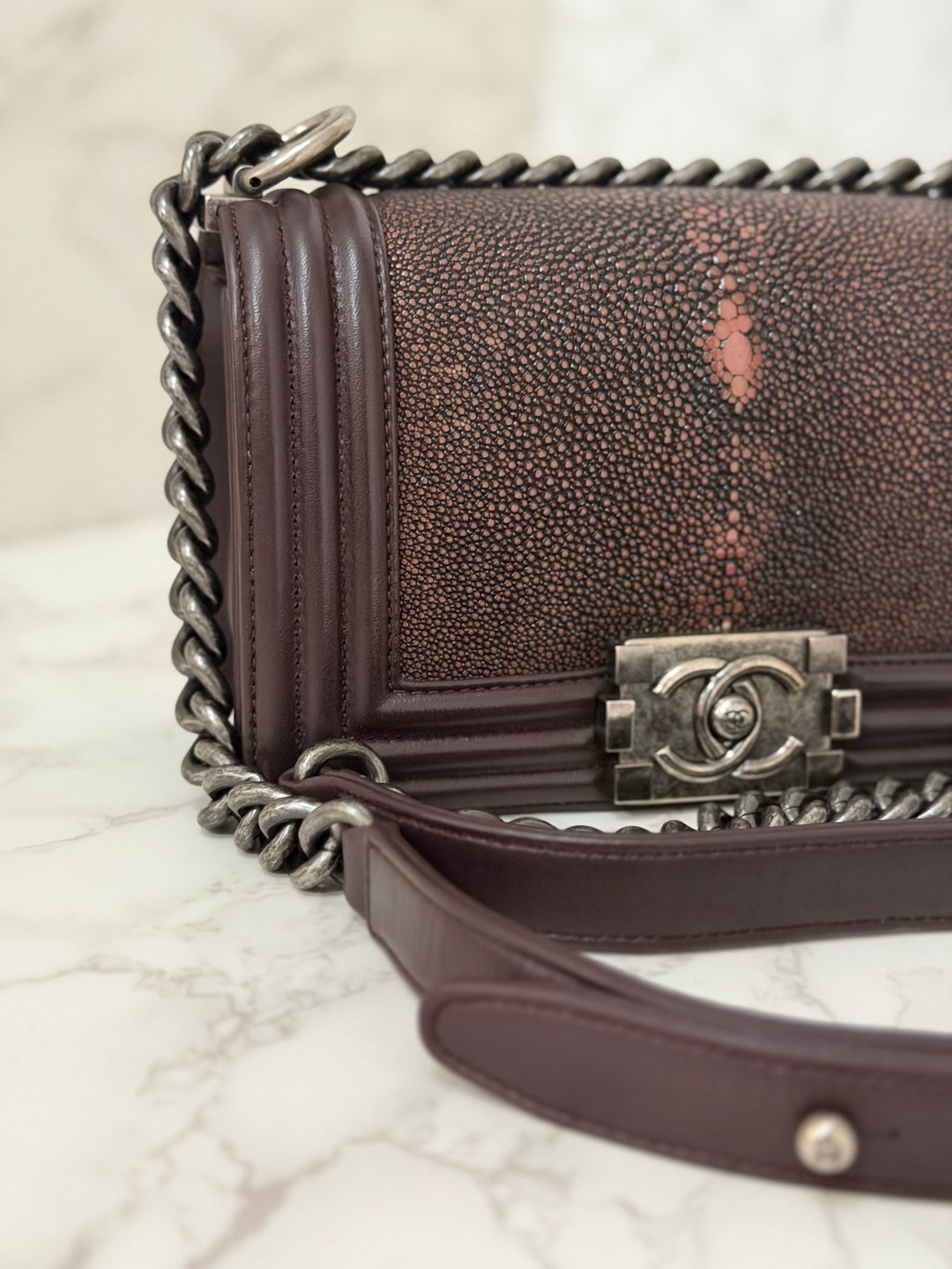 Chanel series 21 2015 Burgundy Lambskin Stingray SMALL Le Boy Flap Bag with Ruthenium HW