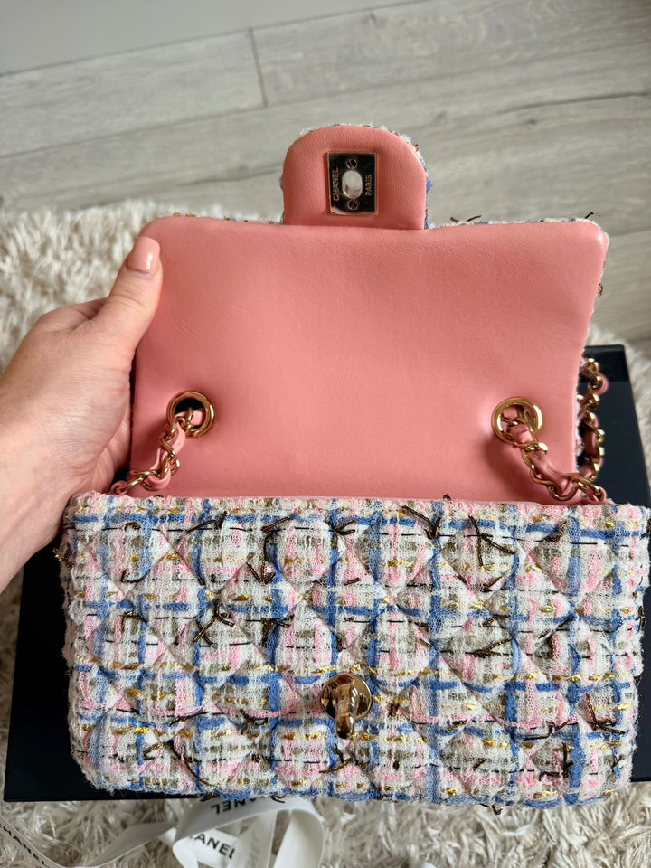 CHANEL Series 27 Pink Blue Green Ecru Gold Tweed Mini Flap Bag LGHW 2018
