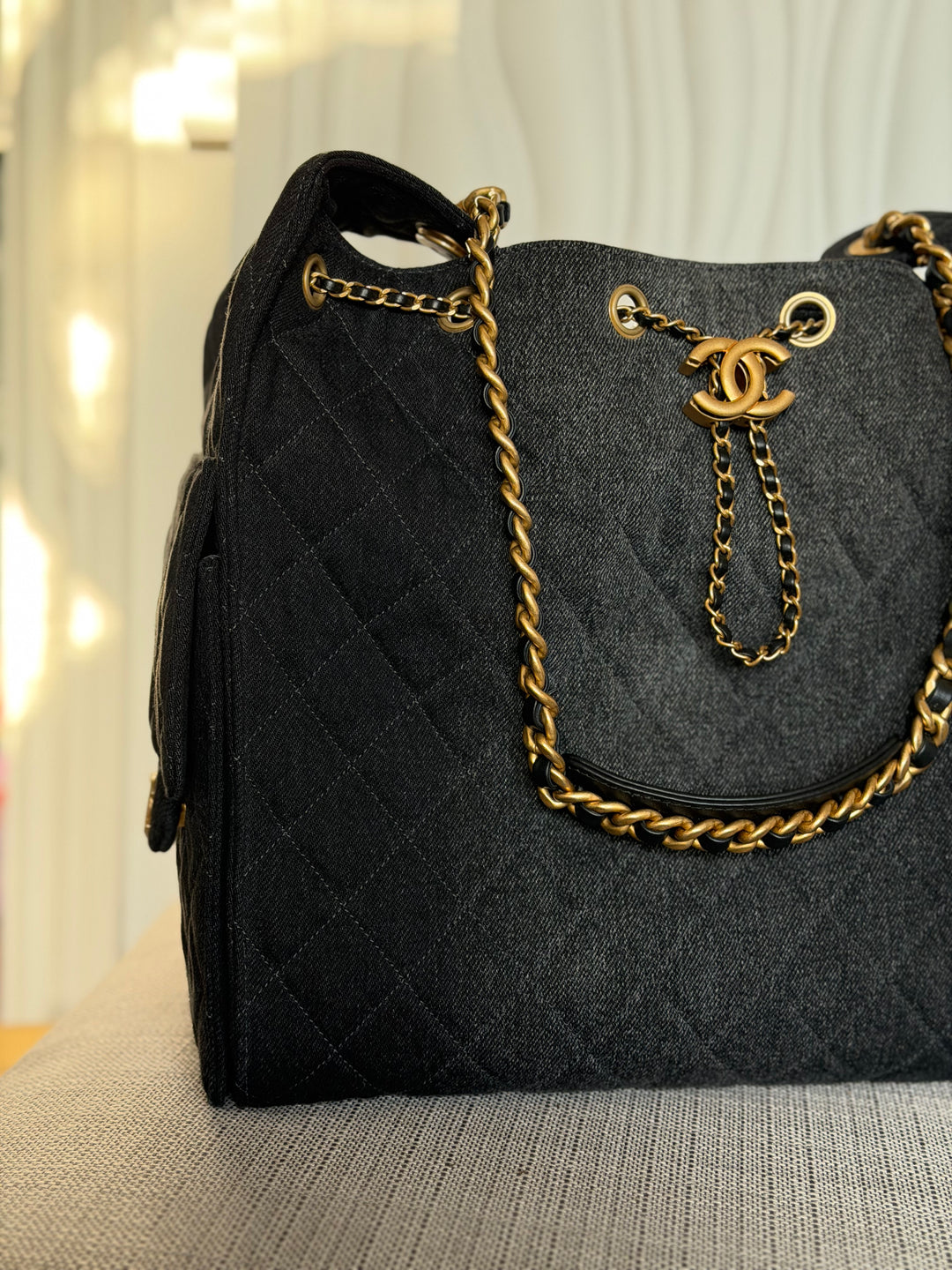 CHANEL 25S 2025 Black Denim Medium 25 Hobo Bag with Detachable Pouch Aged GHW
