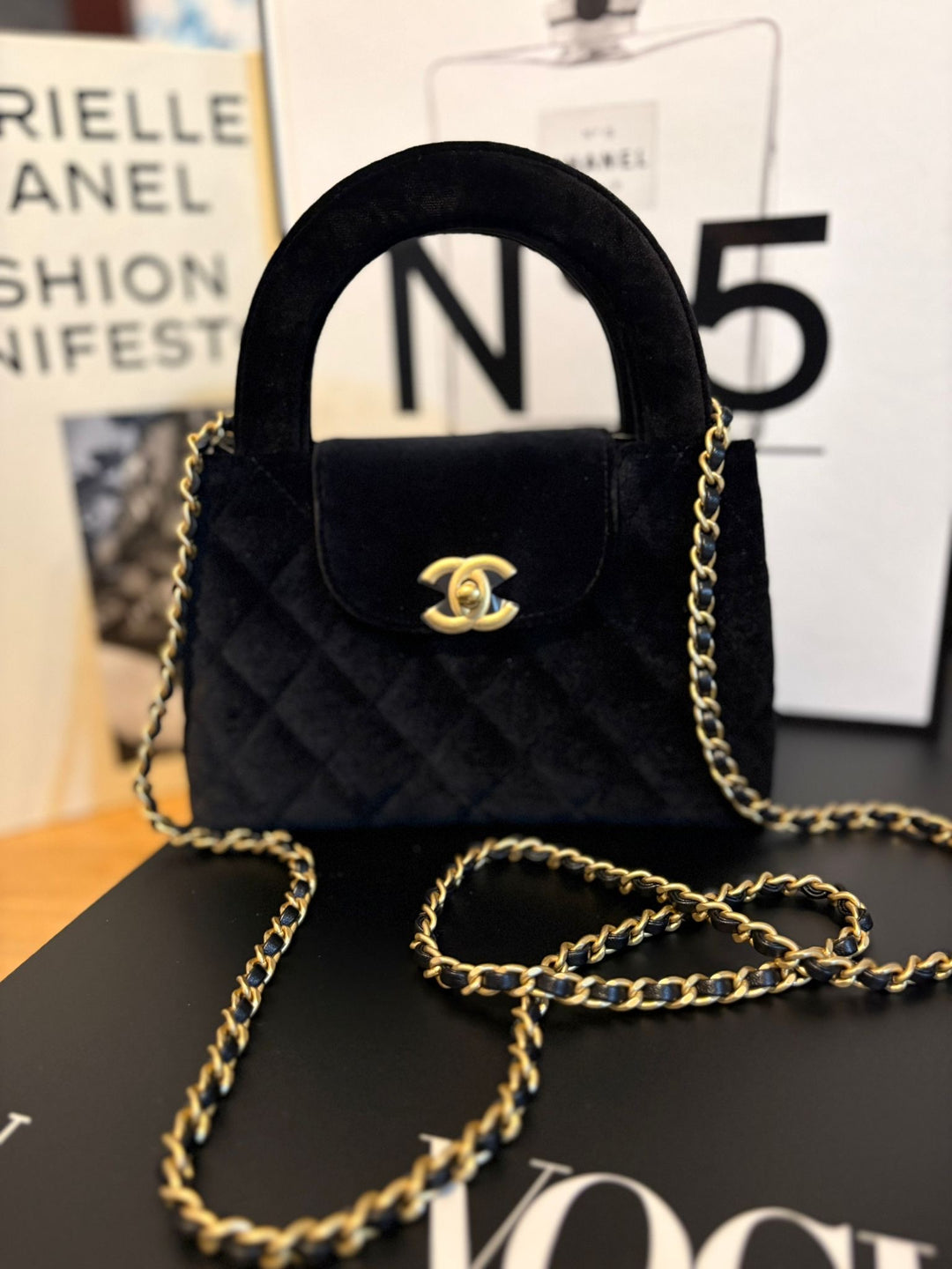 CHANEL Black Velvet Kelly Shopping Bag size SMALL aged GHW 19 cms fits iPhone pro Max 2025