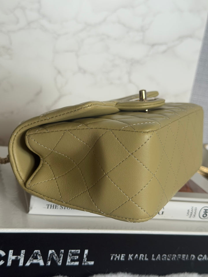 CHANEL 23A Pistachio Green Lambskin LGHW Mini Rectangular Flap Bag with Top Handle 2023