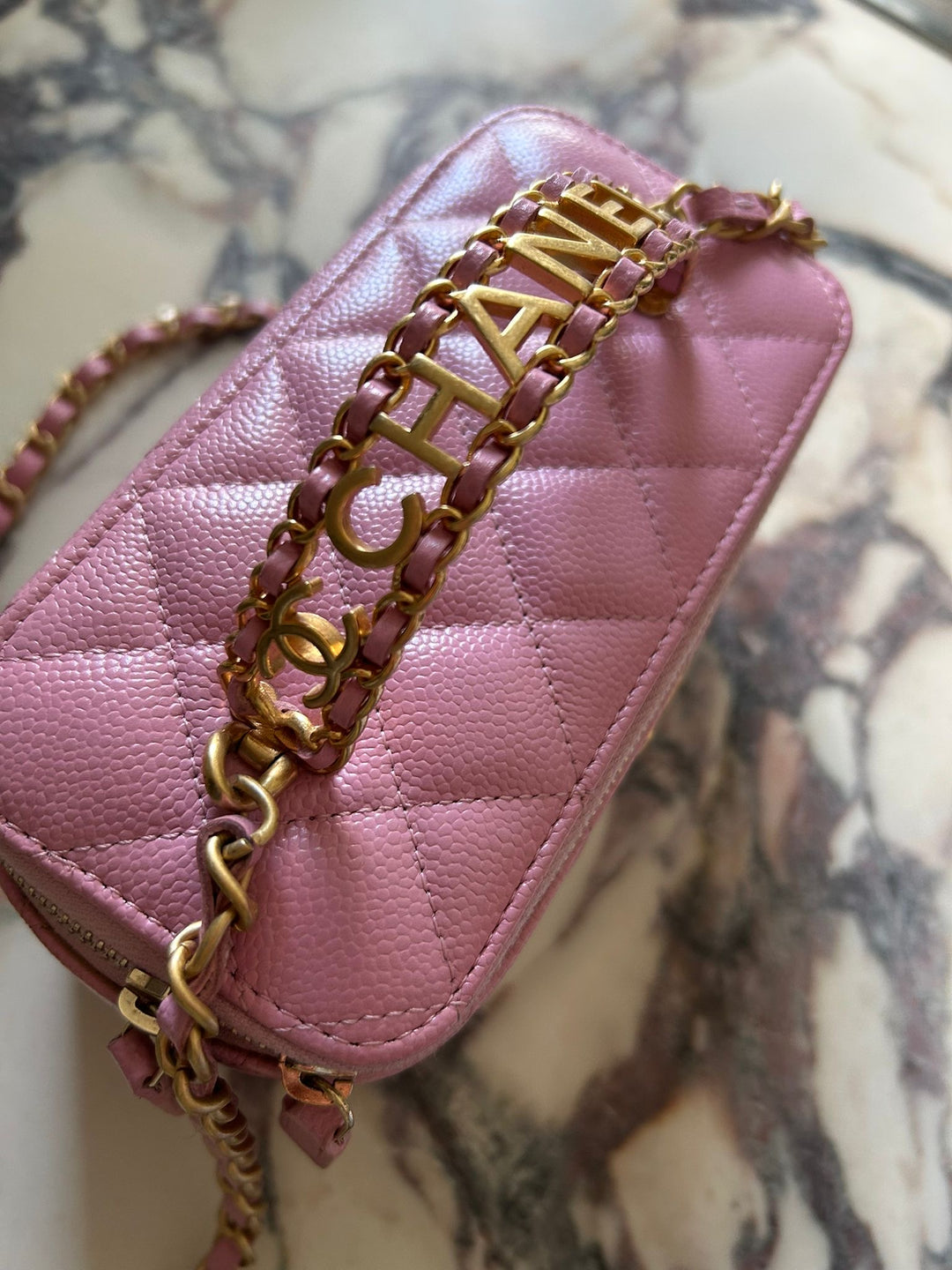 CHANEL 22S Mauve Pink Caviar Aged GHW SMALL Vanity with Metal and Leather top handle 2022