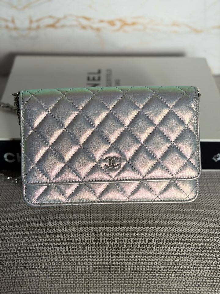 CHANEL Silver Lambskin SHW Classic Wallet on Chain (WOC) 2022