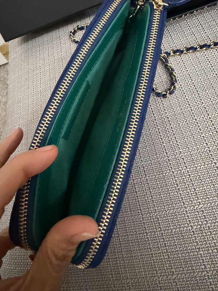 CHANEL series 28 Blue Jersey With Green Fabric Lining O Diver Wallet on Chain Phone Holder LGHW