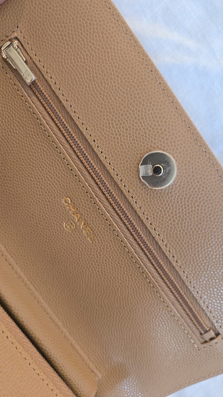 CHANEL 23P Caramel Dark Beige Caviar LGHW Classic Wallet On Chain (WOC)