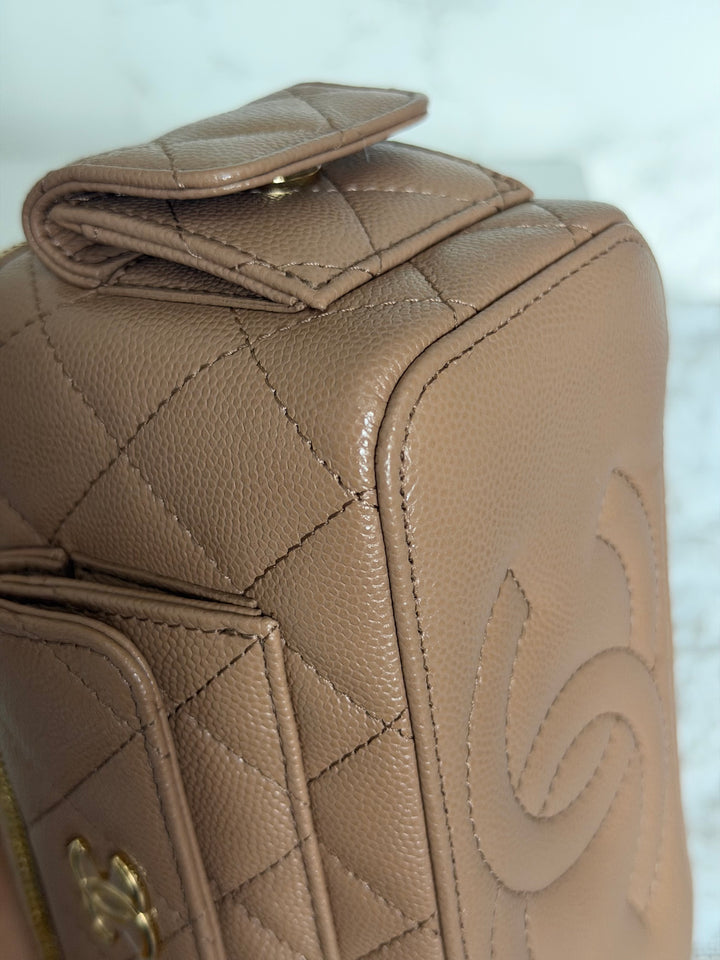 CHANEL Dark Beige Caviar Cargo Polly Pocket Vanity Case with Top Handle GHW 2023