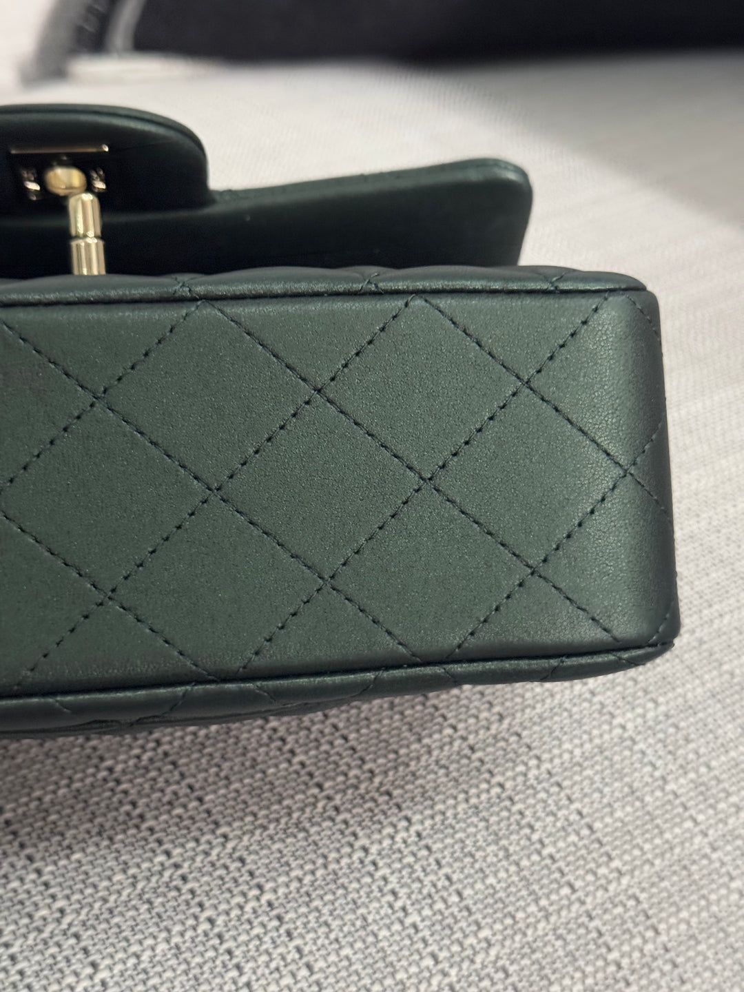 Chanel Iridescent Dark Green Lambskin Mini Rectangular Flap Bag with Top Handle and Champagne GHW