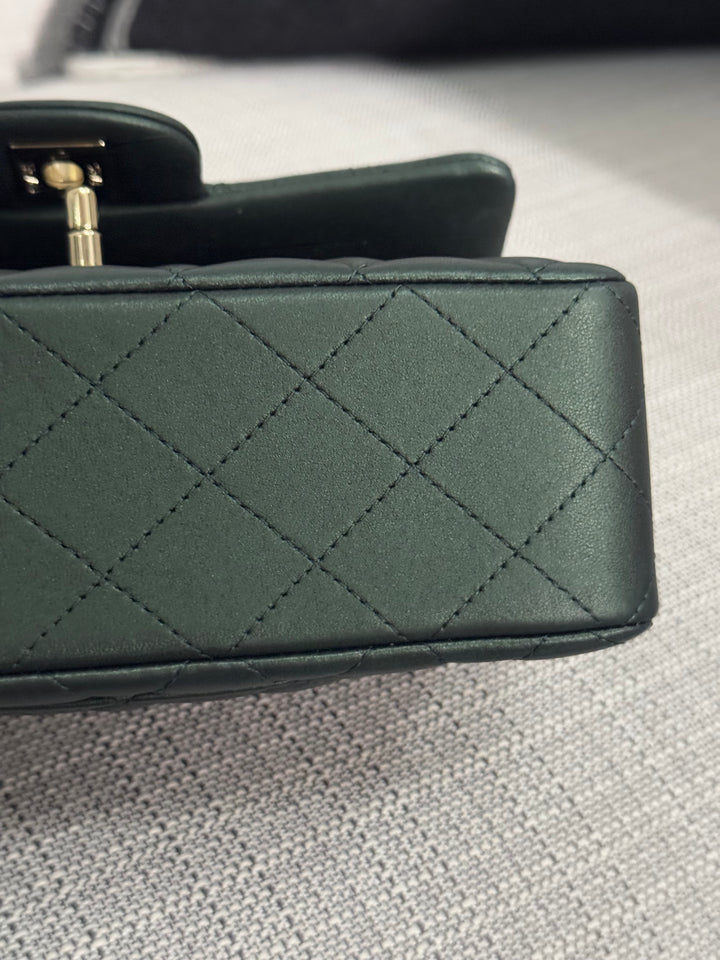 Chanel Iridescent Dark Green Lambskin Mini Rectangular Flap Bag with Top Handle and Champagne GHW