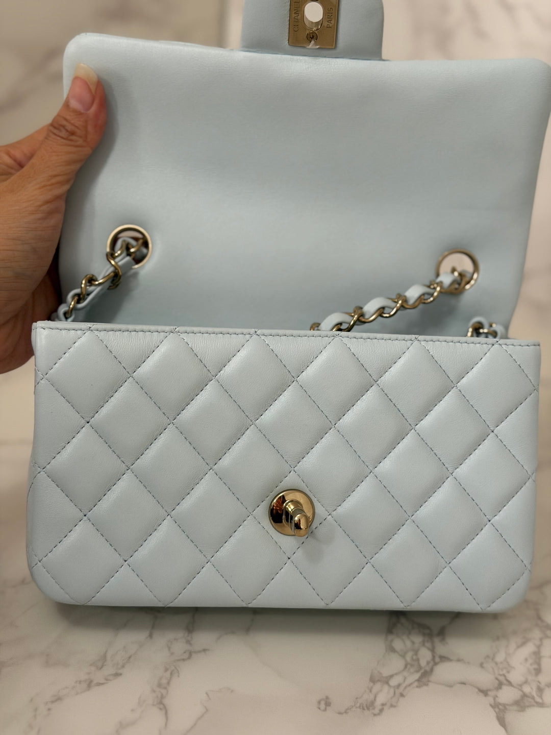 CHANEL 25S collection 2025 Light Baby Blue Lambskin LGHW Mini Rectangular Flap Bag