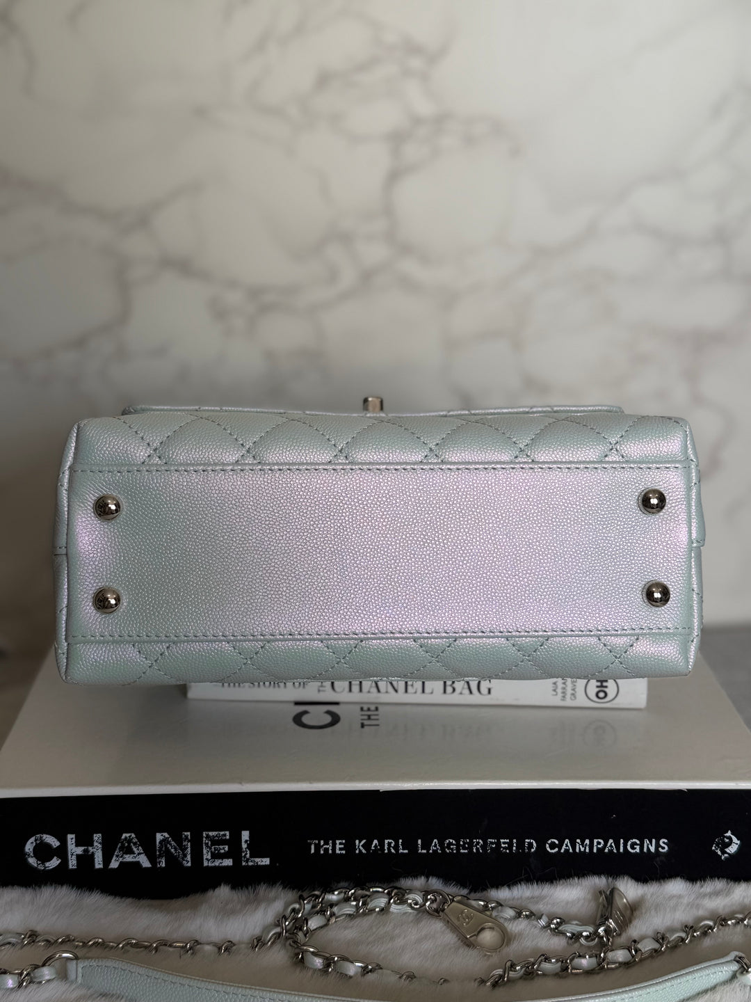 CHANEL 21K iridescent Light Blue Caviar Rainbow and shiny SHW Coco Handle Flap Bag size Small 2021