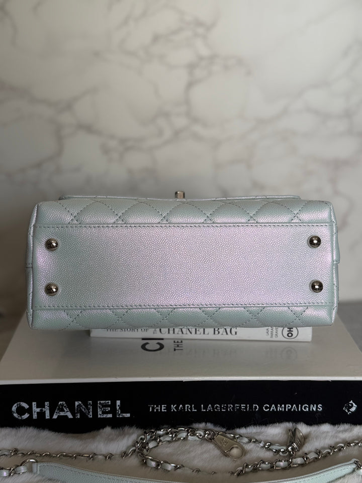 CHANEL 21K iridescent Light Blue Caviar Rainbow and shiny SHW Coco Handle Flap Bag size Small 2021
