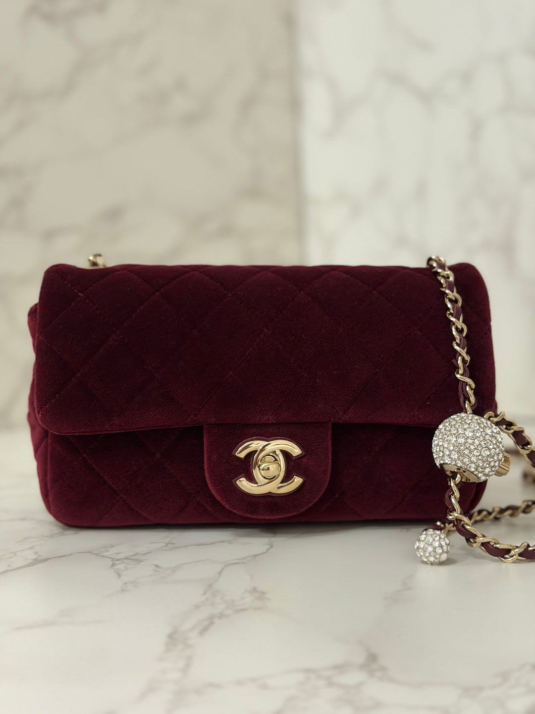 CHANEL series 31 Dark Red/Burgundy Velvet Adjustable Crystal Pearl Crush Mini Rectangular Flap Bag LGHW 2020/2021