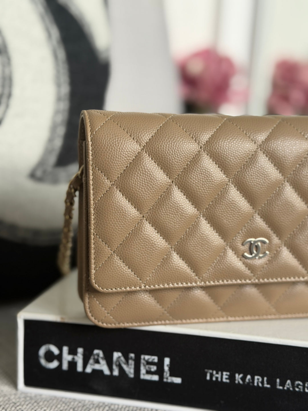 CHANEL 22A Dark Beige Caviar LGHW Classic Wallet on chain (WOC) 2023