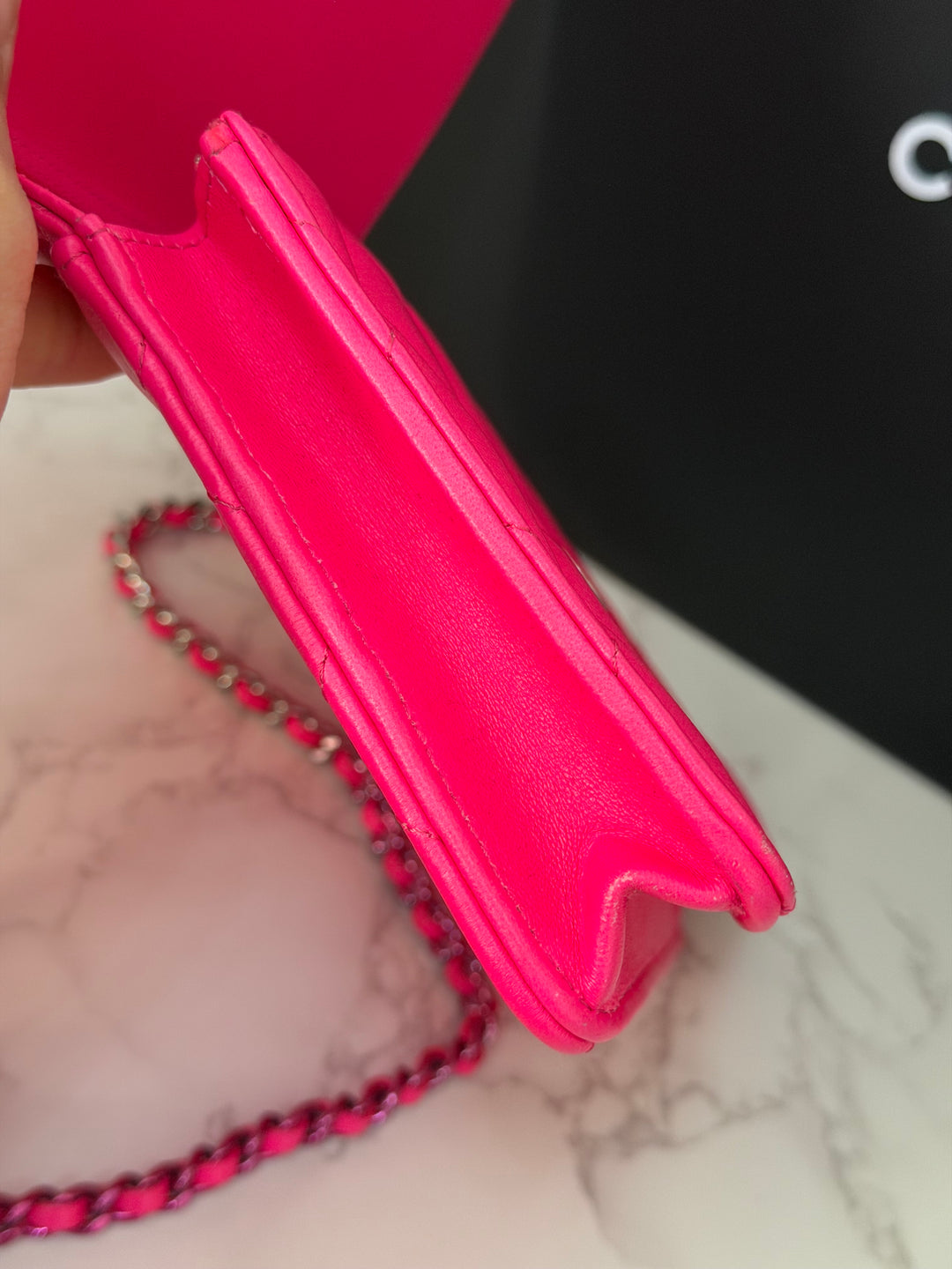 CHANEL 24C 2023/2024 Bright Hot Pink Ombré Hardware Square Wallet on Chain (WOC)