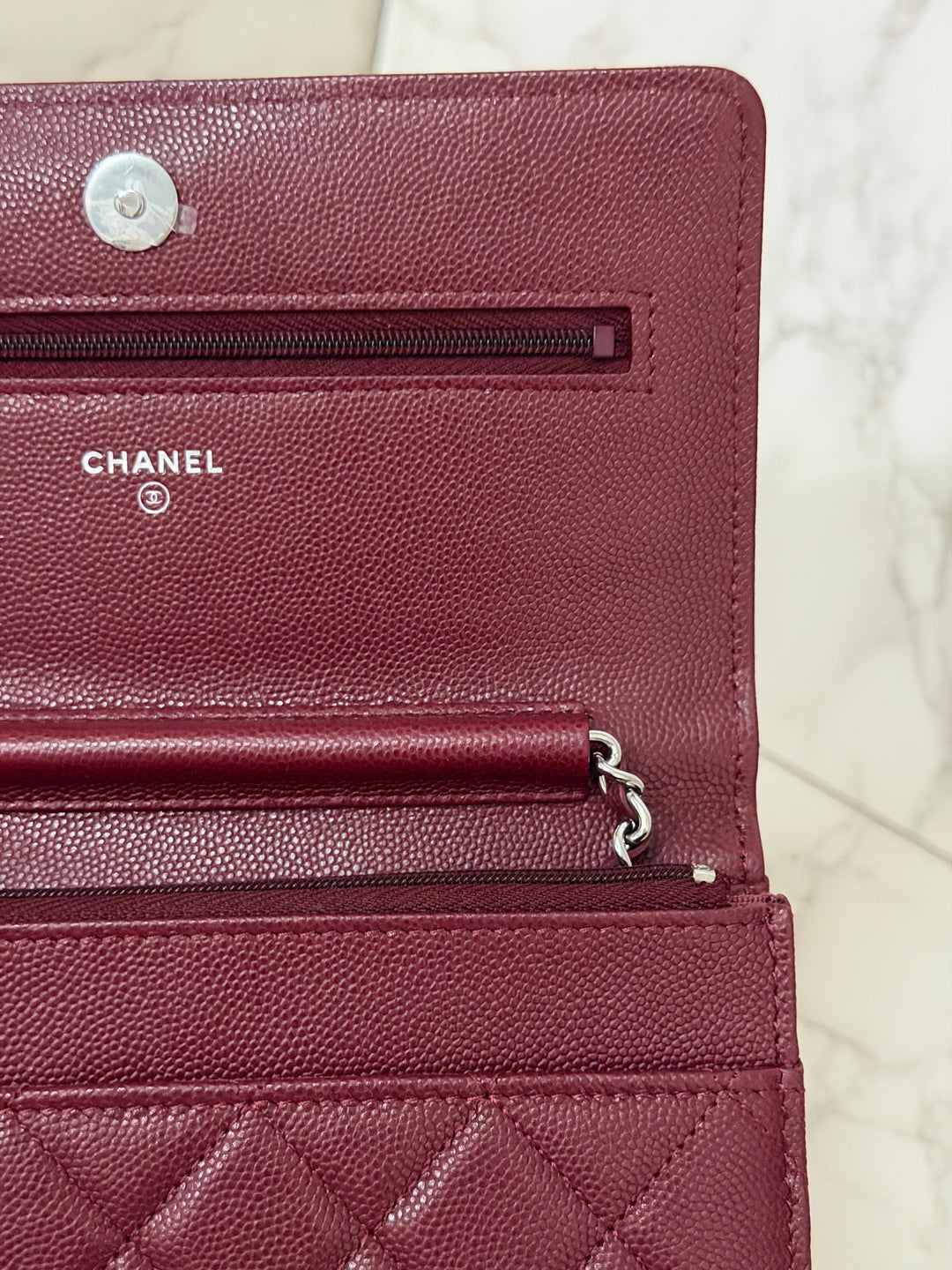 CHANEL 2024 Burgundy Caviar SHW Classic Wallet on chain (WOC) with crystal CC Logo