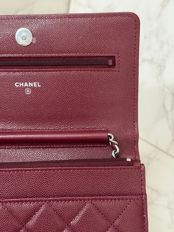 CHANEL 2024 Burgundy Caviar SHW Classic Wallet on chain (WOC) with crystal CC Logo