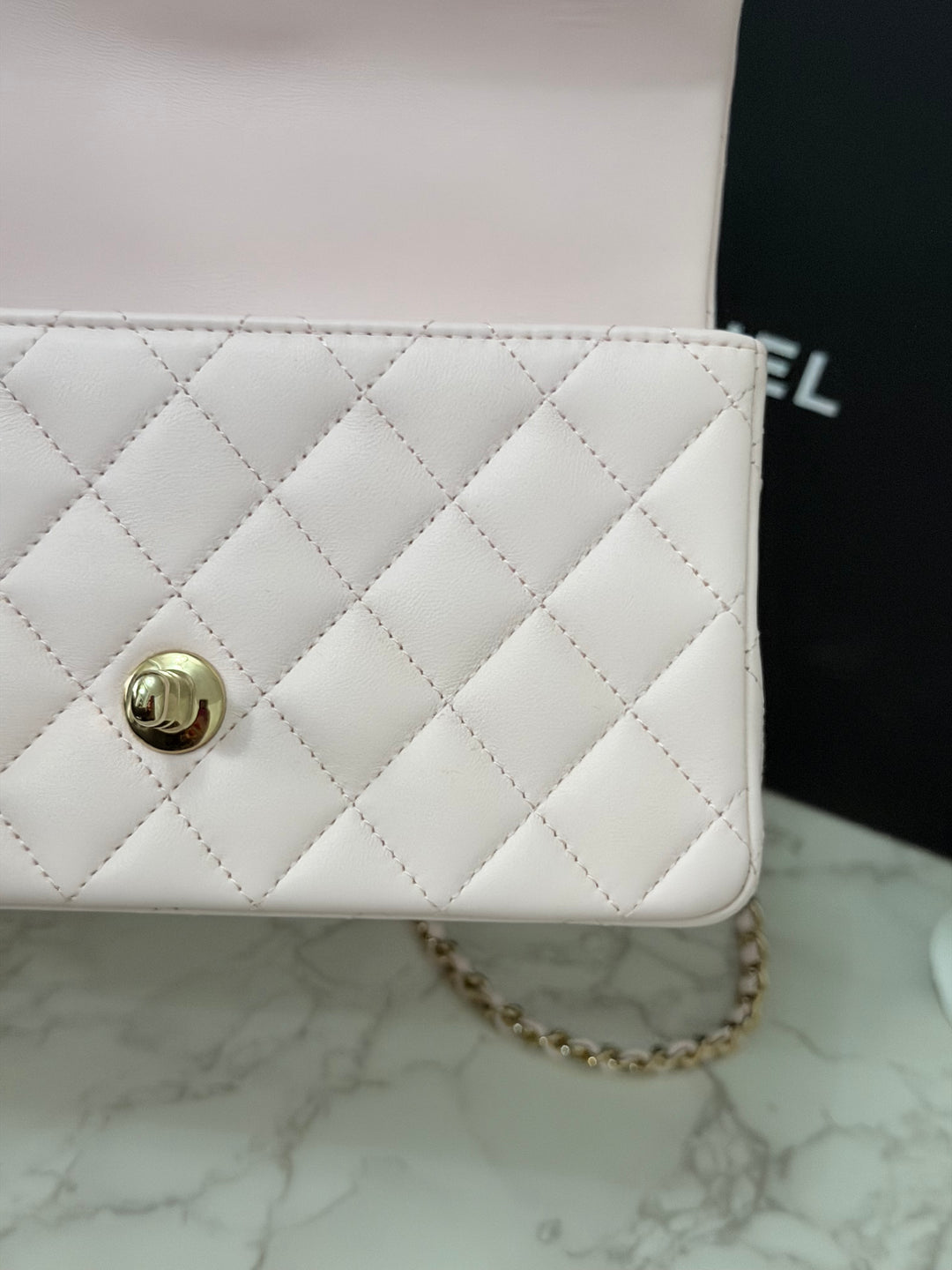 CHANEL 22P 2022 Sakura Light Pink Lambskin LGHW Mini Rectangular Flap Bag with Top Handle