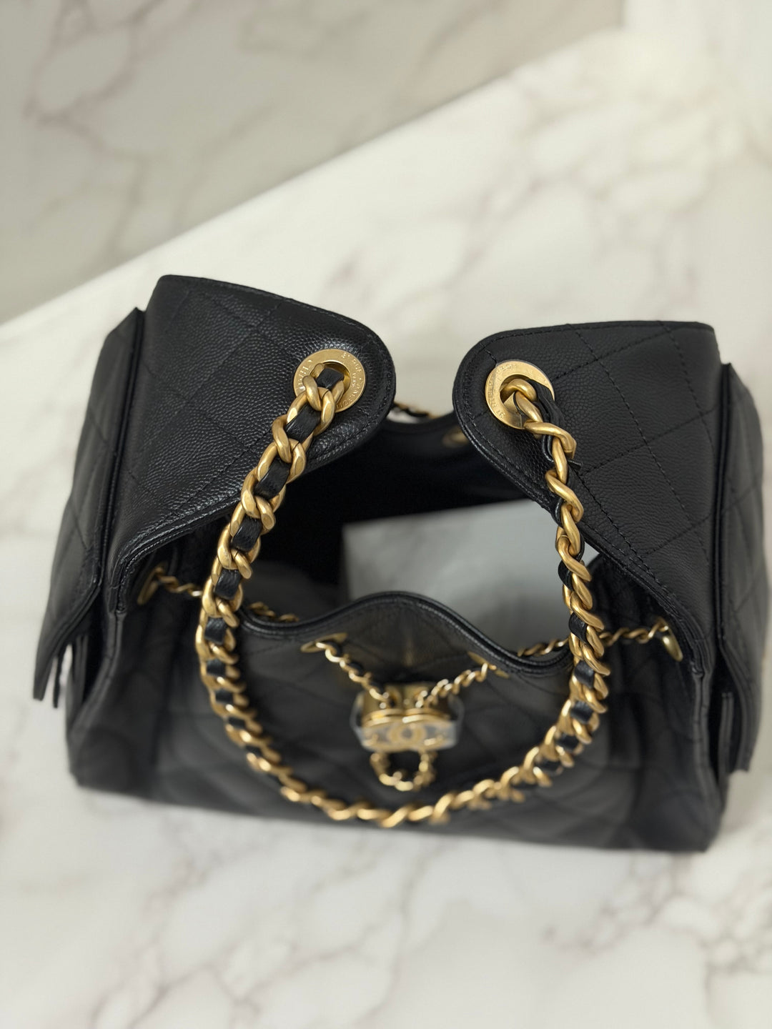 CHANEL 26C 2025/2026 Black Caviar Aged GHW 25 Hobo Bag size Small