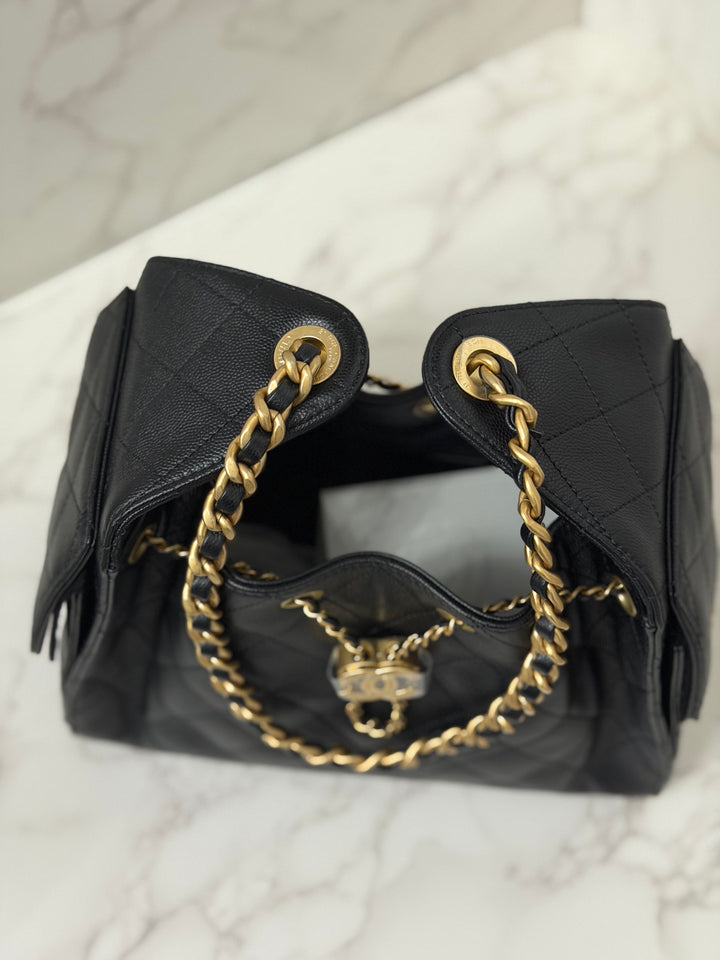CHANEL 26C 2025/2026 Black Caviar Aged GHW 25 Hobo Bag size Small
