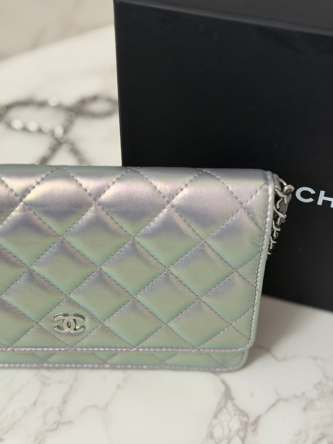 CHANEL 21K Silver Lambskin SHW Classic Wallet On Chain (WOC)