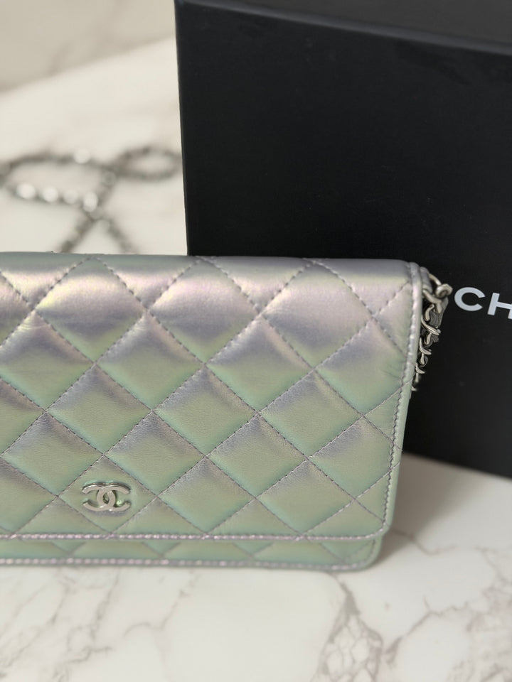 CHANEL 21K Silver Lambskin SHW Classic Wallet On Chain (WOC)