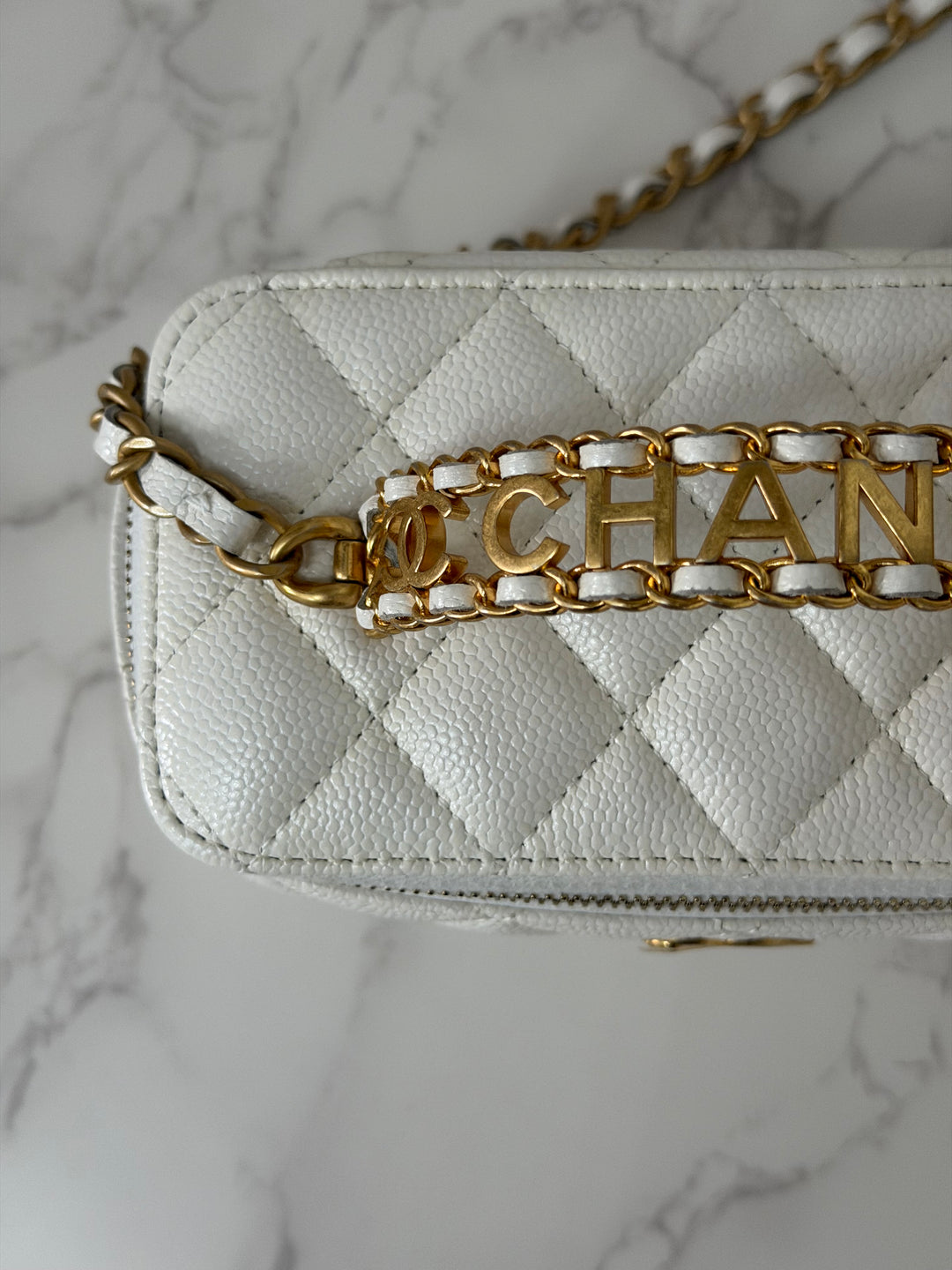 CHANEL 22S Collection 2022 Pick Me Up White Caviar Small Vanity Case with Metal Top Handle GHW