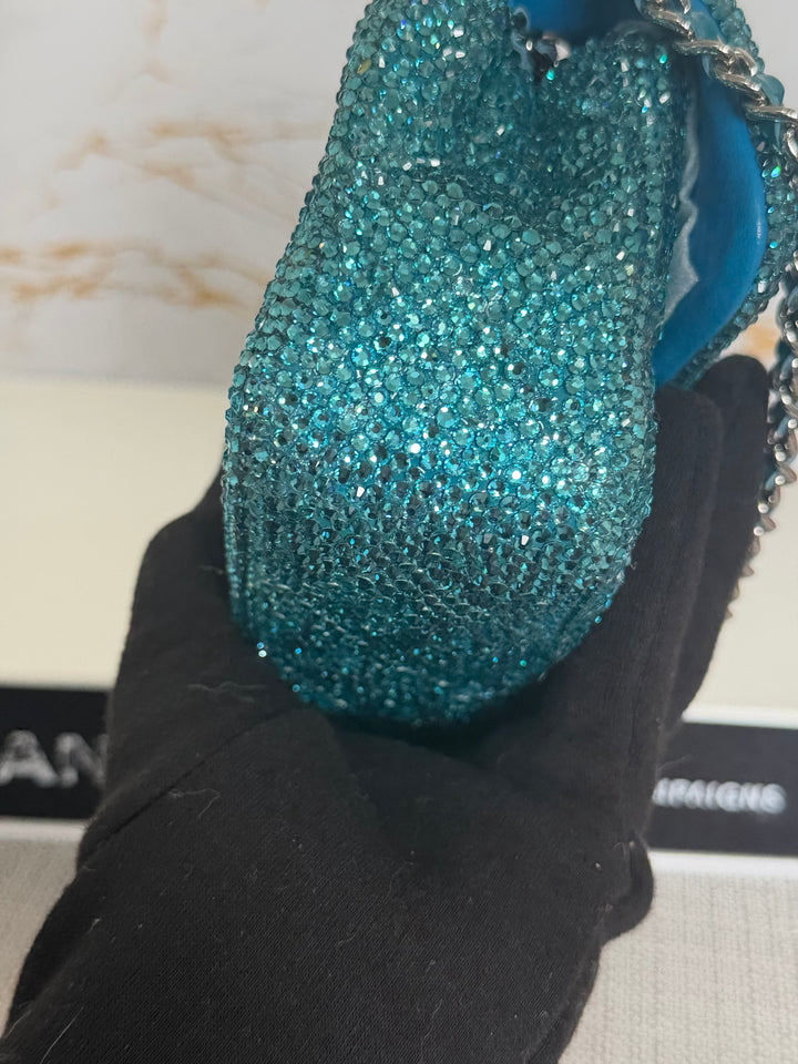 CHANEL series 21 Turquoise Teal Green Blue Diamanté Swarovski Crystal Strasssd Extra Mini Flap Bag with SHW *unicorn* RARE