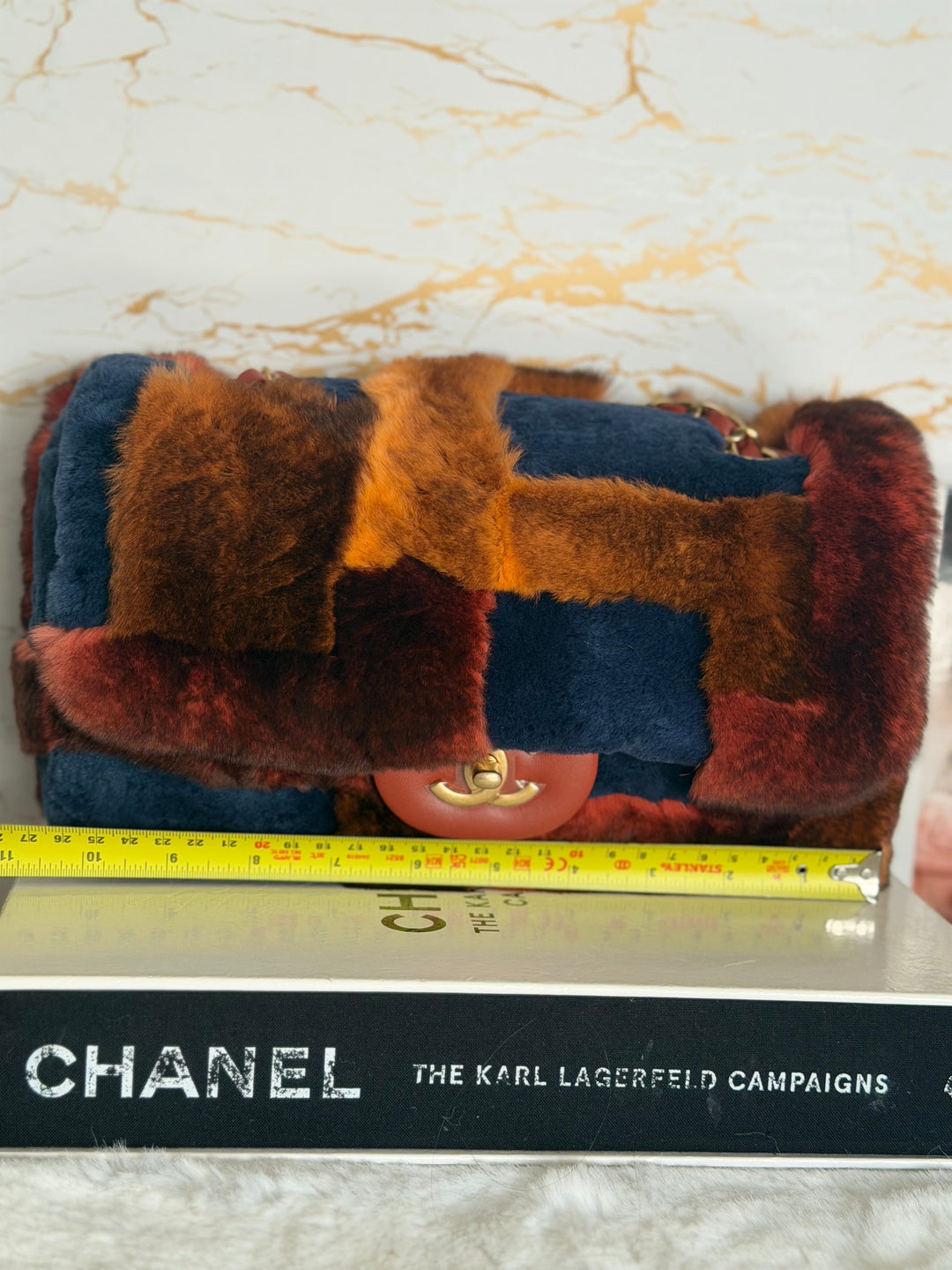 CHANEL series 28 Orylag Red Orange Navy Fur Flap Bag with GHW Medium Single Flap Bag 2018