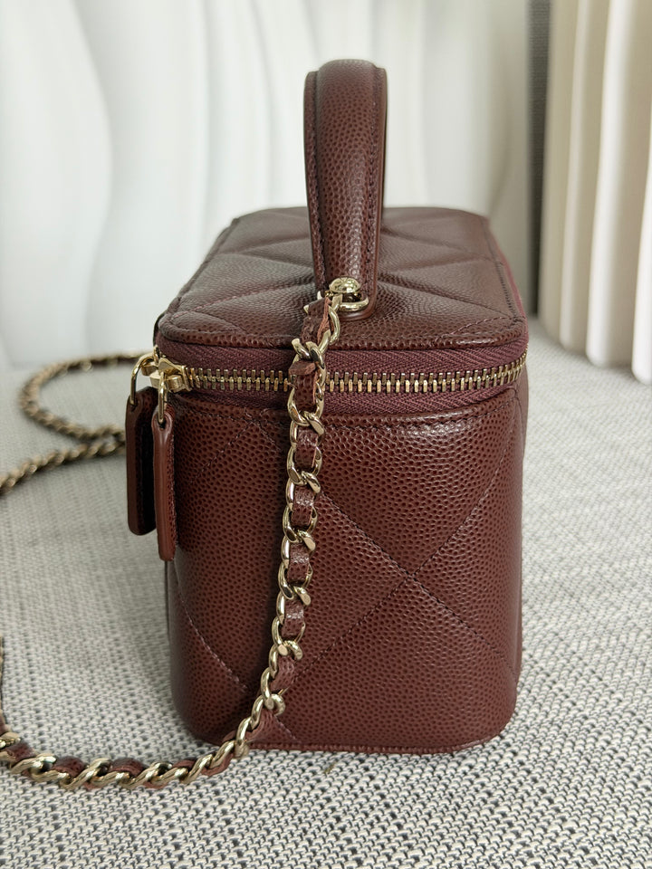 CHANEL 25K 2025 collection Brown Caviar LGHW Leather Top Handle Small Vanity with Chain