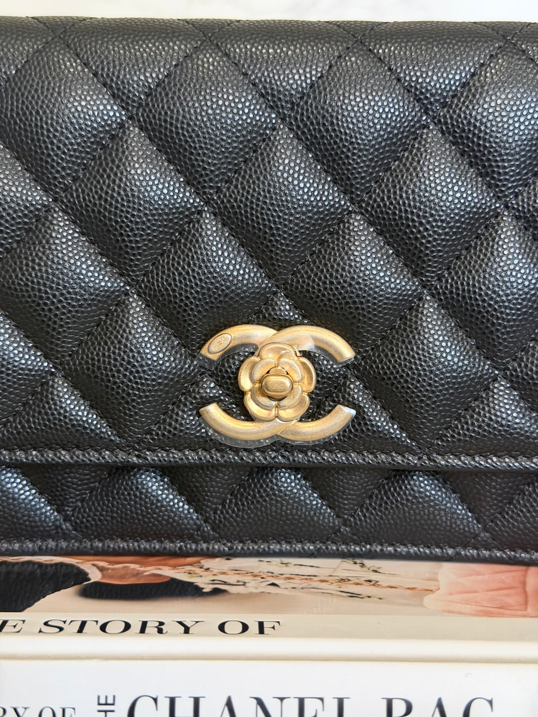 CHANEL Camellia Turnlock Black Lambskin Brushed GHW Classic Wallet on Chain (WOC) microchip 2023
