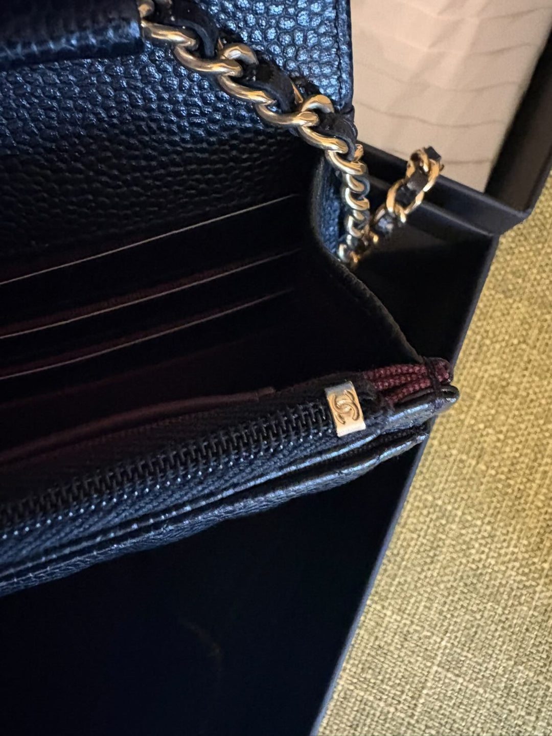 CHANEL Black Caviar GHW Turnlock New Style Classic Wallet on Chain (WOC)